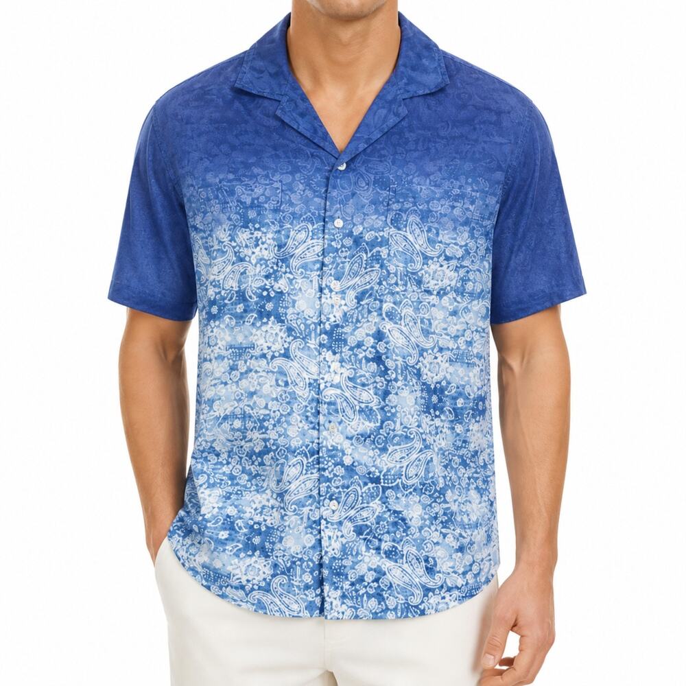 Cremieux Collection Shirt Mens Large Blue Paisley Floral Short Sleeve Viscose